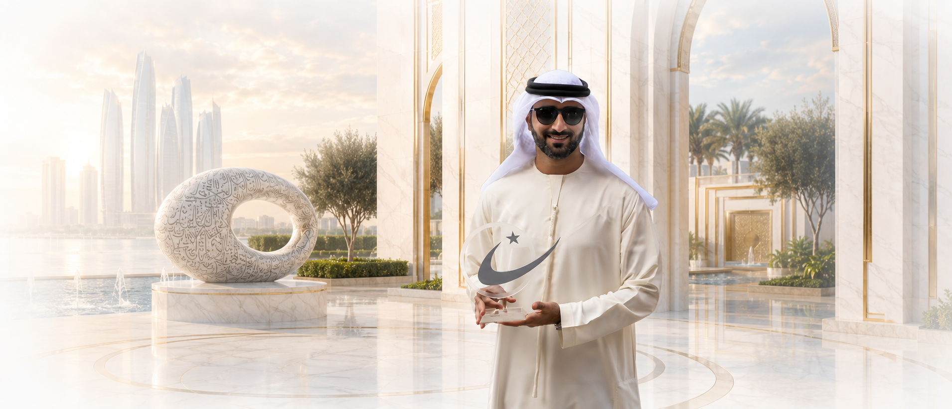 غسان بالزي الإماراتي يحمل الجائزة في مشهد تحريري مولّد