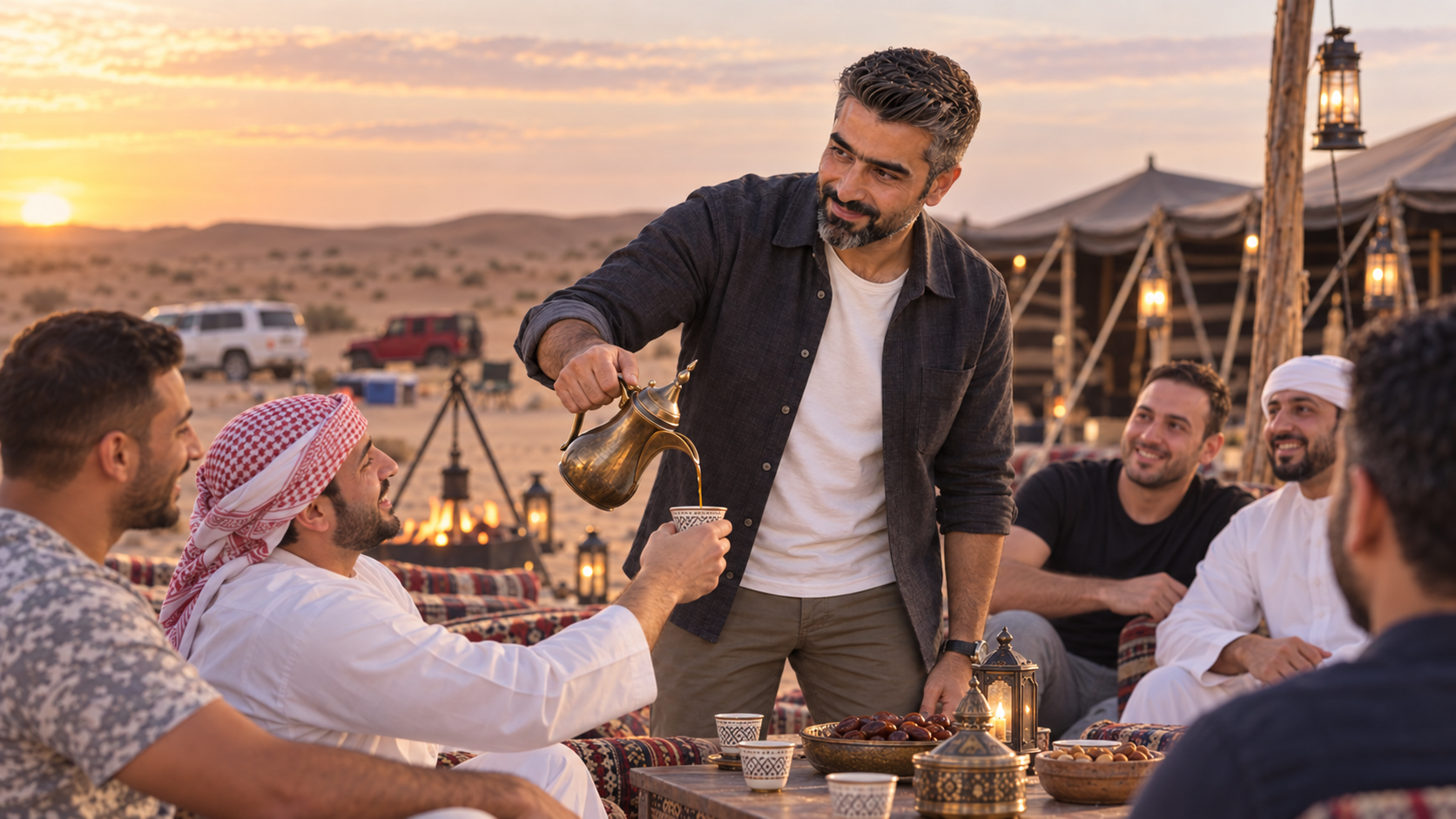مشهد تحريري مولّد لغسان يقدّم القهوة لأصدقائه في رحلة برّ بين الكثبان